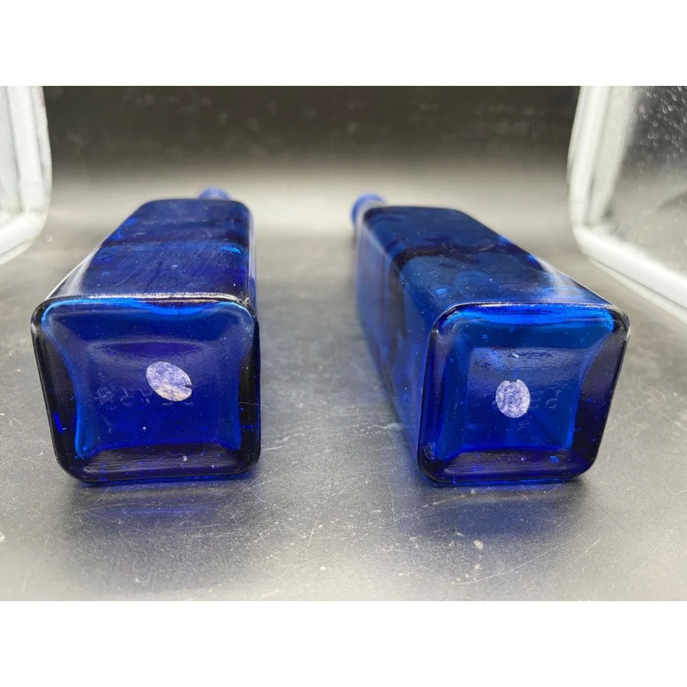 Vintage Cobalt Blue‎ Glass Bottles with Cork Stoppers Square Base Set of 2